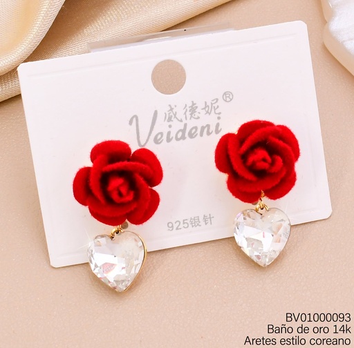 [BV01000093] ARETES BAÑO DE ORO 14K. FLOR GAMUZA/ZIRC. CORAZON EH-4152 (VEI080926)
