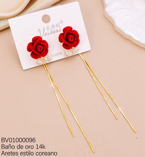 [BV01000096] ARETES BAÑO DE ORO 14K FLOR GAMUZA ROJA/HOJITAS ZIRC./COLGANTES EH-3773 (VEI080926)
