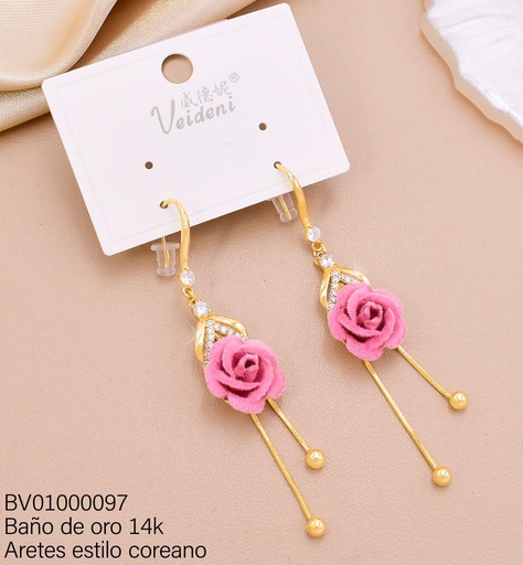 [BV01000097] ARETES BAÑO DE ORO 14K ZIRC RD/CROQUI GOTA/FLOR GAMUZA ROSADA EH-4427(VEI080926)