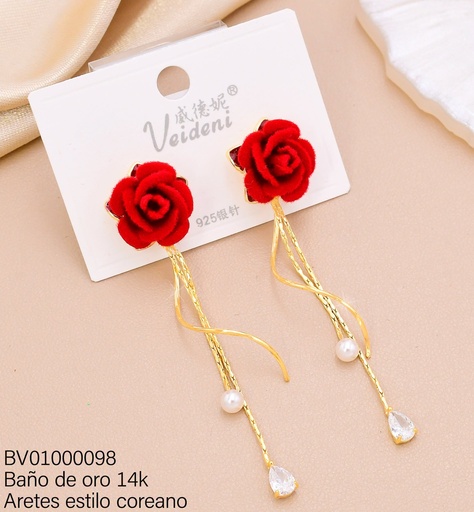 [BV01000098] ARETES BAÑO DE ORO 14K  FLOR ROJA GAMUZA / COLGANTES EH-4478(VEI080926)