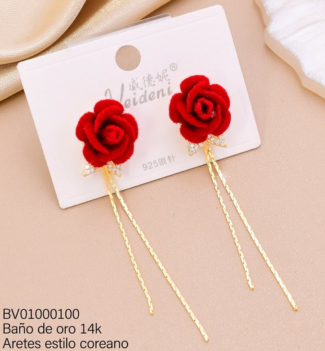 [BV01000100] ARETES BAÑO DE ORO 14K. FLOR ROJA GAMUZA / COLGANTES EH-4441 (VEI080926)