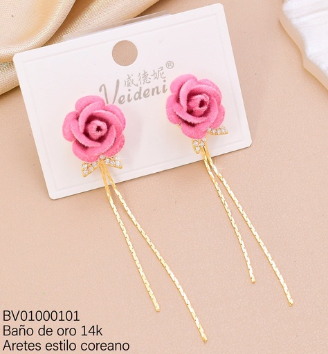 [BV01000101] ARETES BAÑO DE ORO 14K  FLOR ROSADA GAMUZA/COLGANTES EH-4441(VEI080926)