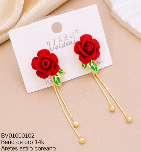 [BV01000102] ARETES BAÑO DE ORO 14K. FLOR ROJA GAMUZA/HOJITAS/COLGANTES EH-4482 (VEI080926)