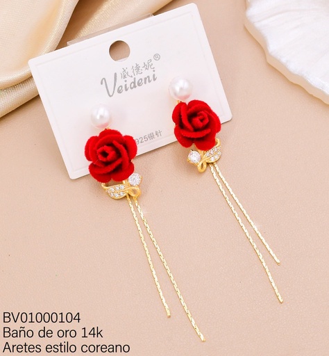 [BV01000104] ARETES BAÑO DE ORO 14K PERLA/FLOR ROJA GAMUZA/COLGANTES EH-4446(VEI080926)