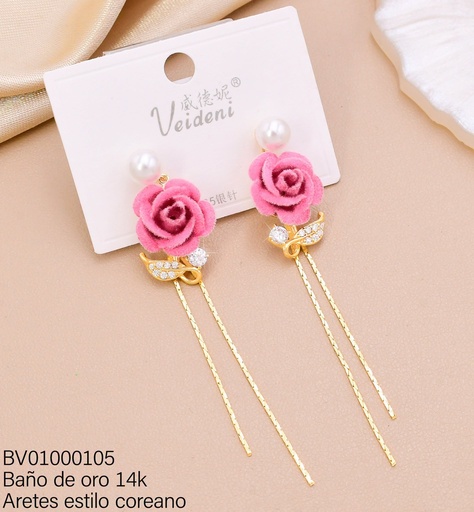 [BV01000105] ARETES BAÑO DE ORO 14K PERLA/FLOR ROSADA GAMUZA/COLGANTES EH-4446 (VEI080926)