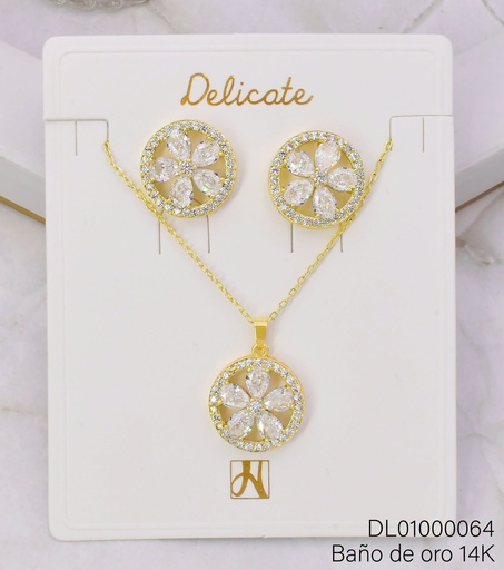 [DL01000064] SET BAÑO DE ORO 14K. RD / FLOR ZIRC. CX03A (DEL1)