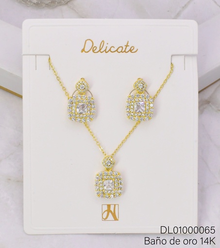 [DL01000065] SET BAÑO DE ORO 14K. ROMBO/ CUADRO ZIRC. CX23A (DEL1)