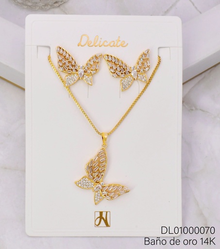 [DL01000070] SET BAÑO DE ORO 14K. MARIPOSA ZIRC RECT/RD CX72A (DEL1)