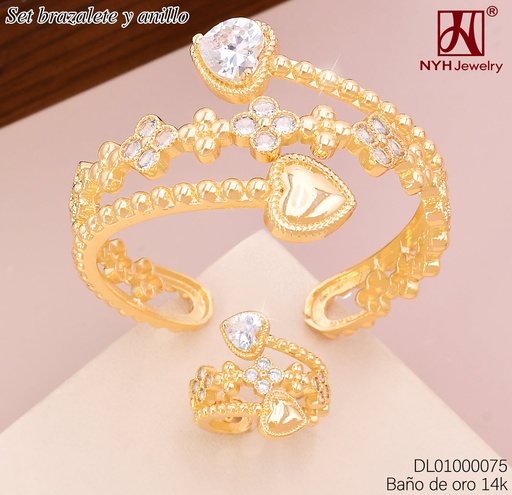 [DL01000075] BRAZALETE C/ANILLO AJUST. BAÑO DE ORO 14K. CORAZONES/FLORES/PELOTITAS GSH812A (DEL1)
