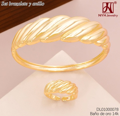 [DL01000078] BRAZALETE C/ANILLO AJUST. BAÑO DE ORO 14K. FRANJAS DIAGONALES KY1175A (DEL1)