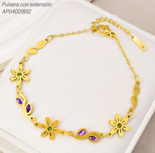 [AP04001892] PULSERA FLOR ZIRC. VERDE/HOJITAS MORADAS KB216204 (KS26)