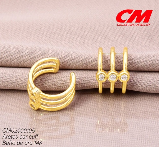 [CM02000105] EAR CUFF BAÑO DE ORO 14K. 3 LINEAS HORIZ./ZIRC. RD CENTRO RJ03620001(27A)