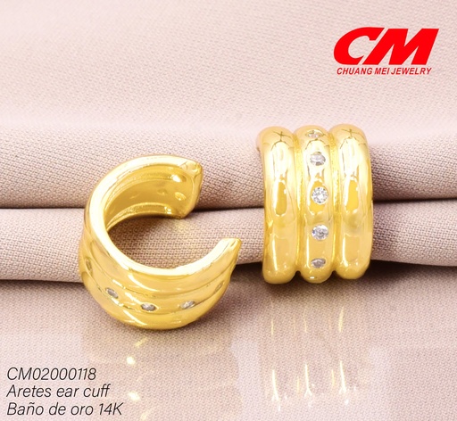 [CM02000118] EAR CUFF BAÑO DE ORO 14K. 3 FRANJAS /CENTRO ZIRC. RJ-03840001 (27A)