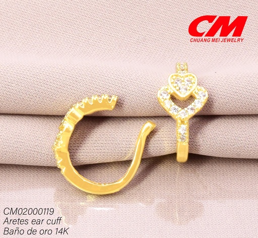[CM02000119] EAR CUFF BAÑO DE ORO 14K. DOBLE CORAZON ZIRC. HORIZ. RJ-00670003 (27A)