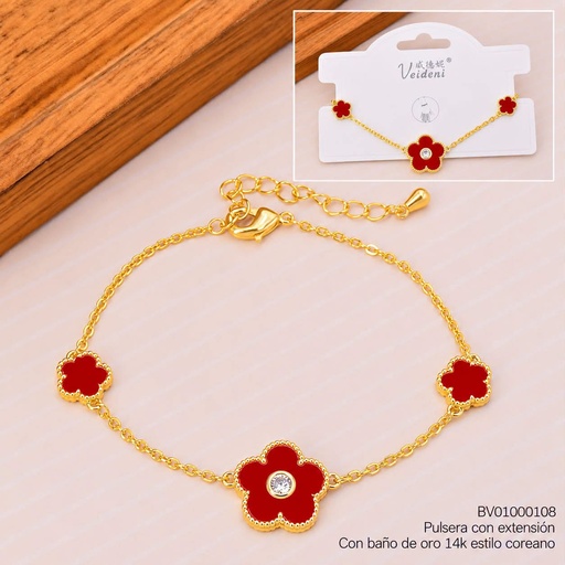 [BV01000108] PULSERA BAÑO DE ORO 14K.3 FLORES ROJAS C/ZIRC. (VEI080926)