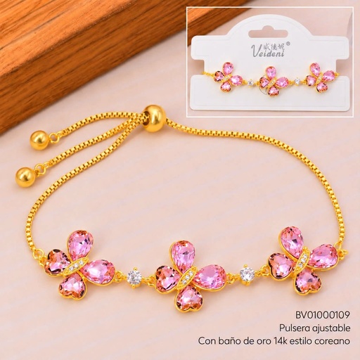 [BV01000109] PULSERA BAÑO DE ORO 14K.3 MARIPOSAS ROSADAS (VEI080926)