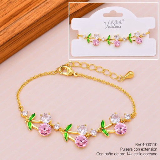[BV01000110] PULSERA BAÑO DE ORO 14K.3 RAMOS FLORES ZIRC. (VEI080926)