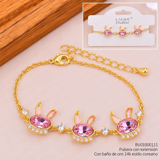 [BV01000111] PULSERA BAÑO DE ORO 14K.CABEZA CONEJO ZIRCONIAS ROSADAS (VEI080926)