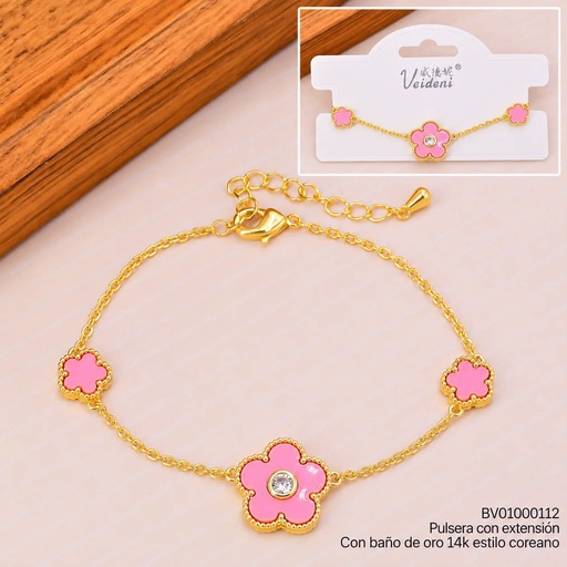 [BV01000112] PULSERA BAÑO DE ORO 14K.3 FLORES ROSADAS C/ZIRC. (VEI080926)