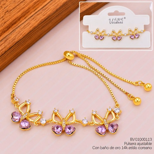 [BV01000113] PULSERA BAÑO DE ORO 14K.3 MARIPOSAS LILAS ZIRC. (VEI080926)