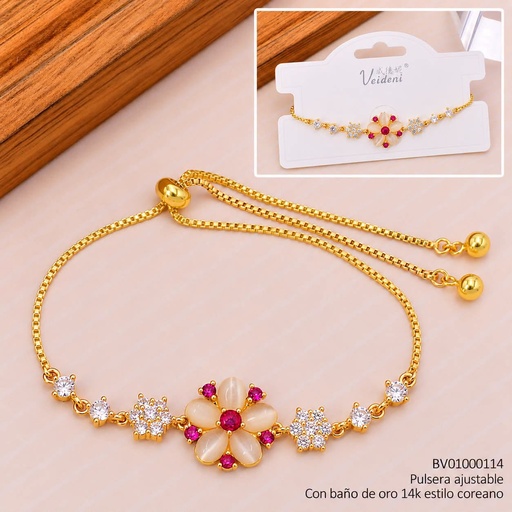 [BV01000114] PULSERA BAÑO DE ORO 14K.FLOR RD BEIGE-ROJO (VEI080926)