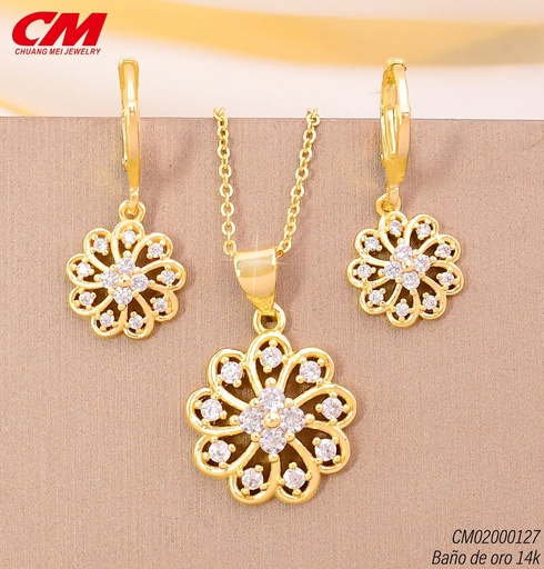 [CM02000127] SET BAÑO DE ORO 14K. FLOR CALADA C/ZIRC., ARETES HUGGIES (27A)