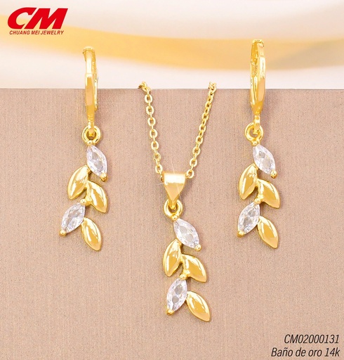 [CM02000131] SET BAÑO DE ORO 14K.RACIMO HOAS LISAS-ZIRC. ARETES HUGGIES (27A)
