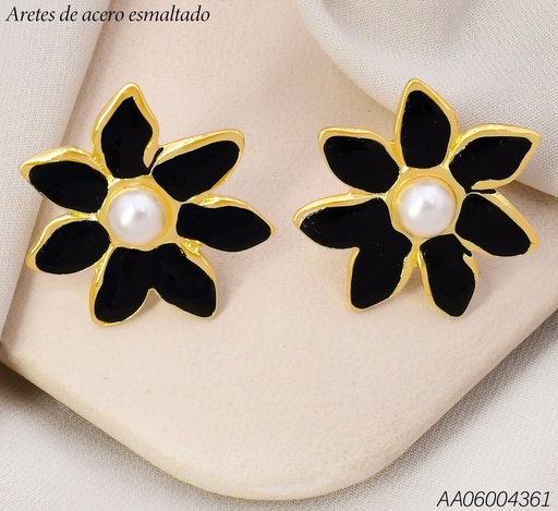 [AA06004361] ARETES FLOR 7 PETALOS NEGROS/PERLA CENTRO KE134561 (KS26)