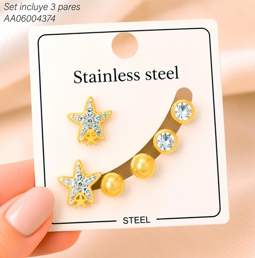 [AA06004374] PAQ. 3 PARES ARETES ESTRELLA DOBLE/PELOTITA/ZIRC RD. KE134261 (KS26)