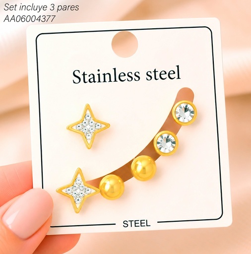 [AA06004377] PAQ. 3 PARES ARETES ESTRELLA/PELOTITA/ZIRC RD. KE134258 (KS26)