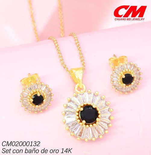[CM02000132] SET BAÑO DE ORO 14K.RD ZIRCONIAS CENTRO OV NEGRO GT07570003  (27A)