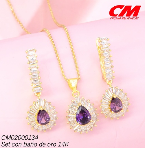 [CM02000134] SET BAÑO DE ORO 14K.LINEA ZIRC.C/OV.ZIRC.LILA YT-0000019 (27A)