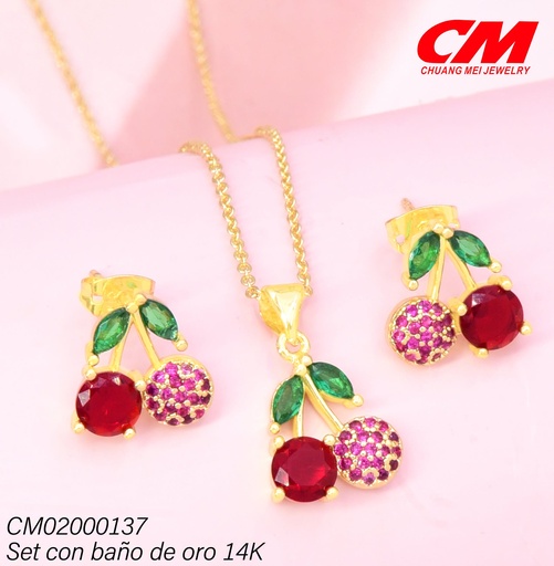 [CM02000137] SET BAÑO DE ORO 14K.CEREZAS ZIRC.RD.ROJAS/HOJAS GT-08730001 (27A)