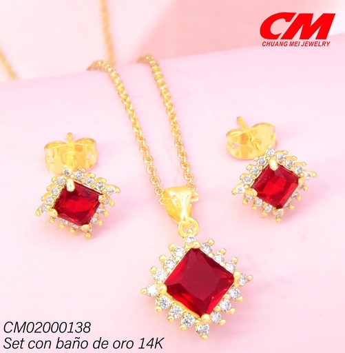 [CM02000138] SET BAÑO DE ORO 14K.ROMBOS ZIRC.ROJAS GT-0760006 (27A)