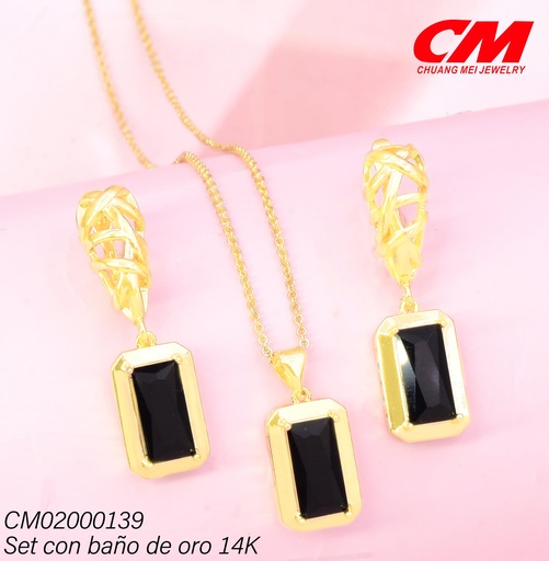 [CM02000139] SET BAÑO DE ORO 14K.OV.CALADO,RECT.VERT NEGRO YT-00100032 (27A)