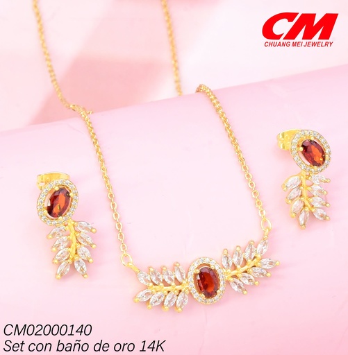 [CM02000140] SET BAÑO DE ORO 14K.ZIRC.ROJA OV.C/RAMITAS ZIRC GT-04500025 (27A)