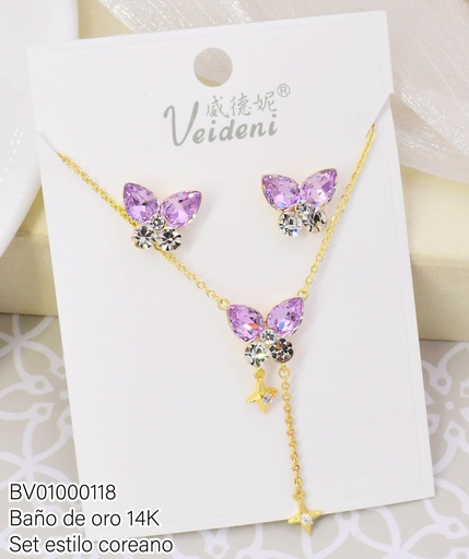 [BV01000118] SET BAÑO DE ORO 14K.3 MARIPOSAS ZIRC.LILA C/COLGANTE WTZ-193 (VEI080926)