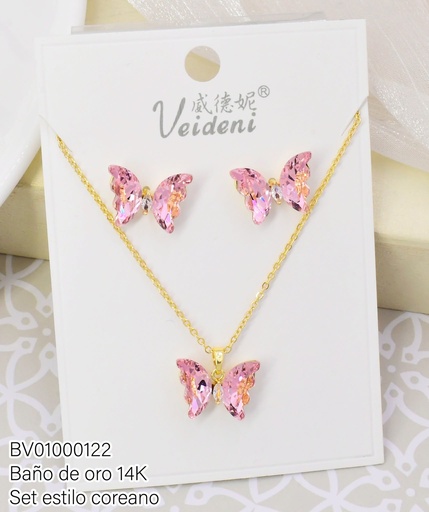 [BV01000122] SET BAÑO DE ORO 14K.MARIPOSAS ZIRC.ROSADAS WTZ-319 (VEI080926)