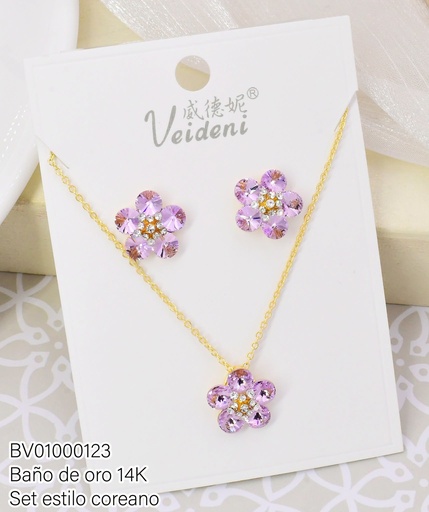 [BV01000123] SET BAÑO DE ORO 14K.FLOR 5 PET.ZIRC.LILAS WTZ-240 (VEI080926)