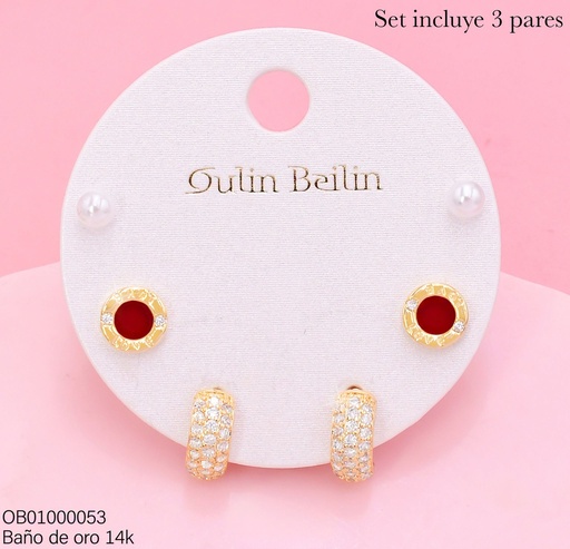 [OB01000053] PAQ.3 PARES ARETES BAÑO DE ORO 14K.PERLITA/RD.R-B/"(" 85878YZ