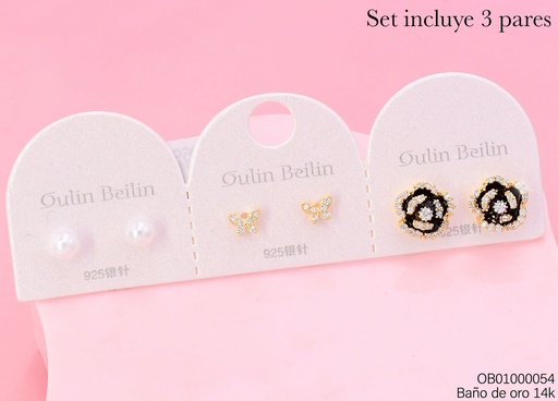 [OB01000054] PAQ.3 PARES ARETES BAÑO DE ORO 14K.PERLITA/MARIPOSA PQ/FLOR 87969YZ