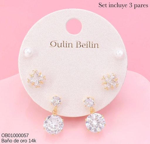[OB01000057] PAQ.3 PARES ARETES BAÑO DE ORO 14K.PERLITA/ZIRC.CD./2 RD. 88433YZ