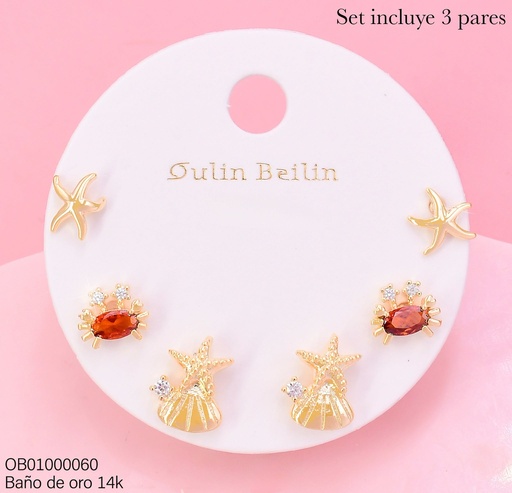 [OB01000060] PAQ.3 PARES ARETES BAÑO DE ORO 14K.ESTRELLA/CANGREJO/OSTRA 89580YZ