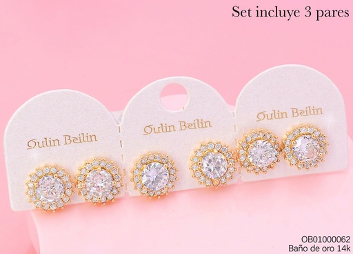 [OB01000062] PAQ.3 PARES ARETES BAÑO DE ORO 14K.ZIRC.RD C/BORDES 89989YZ