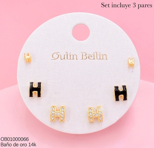 [OB01000066] PAQ.3 PARES ARETES BAÑO DE ORO 14K."H" ZIRC/NEGRA 91390YZ