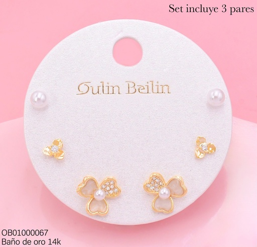[OB01000067] PAQ.3 PARES ARETES BAÑO DE ORO 14K.PERLITA/FLOR 2 TAMAÑOS 91928YZ