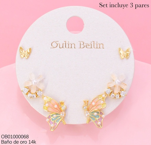 [OB01000068] PAQ.3 PARES ARETES BAÑO DE ORO 14K.FLOR/2 MARIPOSAS 91119YZ