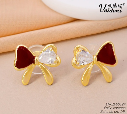 [BV01000124] ARETES BAÑO DE ORO 14K.LAZO ZIRC.-ROJA EH-3278 (VEI080926)