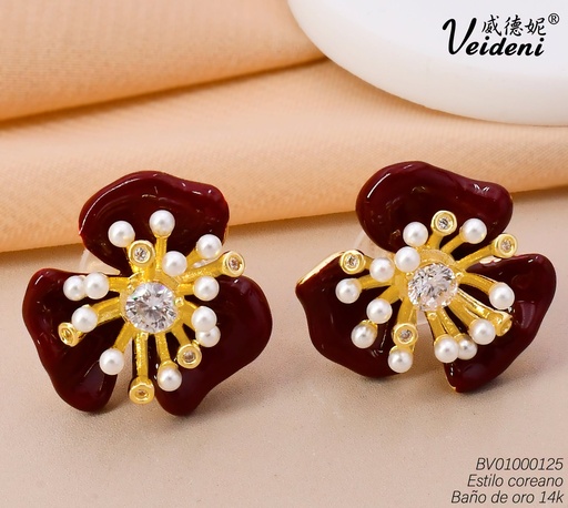 [BV01000125] ARETES BAÑO DE ORO 14K.FLOR ROJO VINO C/PISTILOS PERLITAS (VEI080926)