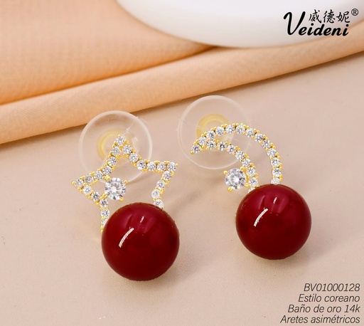 [BV01000128] ARETES ASIMETRICOS BAÑO DE ORO 14K.CROQUI C/PELOTA ROJA EH-4440 (VEI080926)